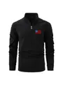 Men's black long sleeve quarter-zip polo shirt with pleated sleeves and USA flag logo - S / Tops / Black