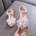 Girls' pink glitter princess shoes with butterfly bow and pearls for performance - 21 / Pink