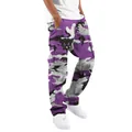 Detail view of purple camouflage cargo pants with side pockets for men - S / Bottoms / Purple