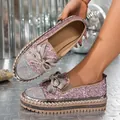 Mocassini rosa glitterati con punta in strass e fiocco su suola platform chic - 35 / Rosa