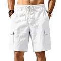 Detailopname van witte linnen cargo short voor heren met trekkoord en grote zakken - Wit
