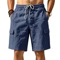 Gedetailleerd overzicht van de marineblauwe linnen cargoshorts voor heren met zakken - Marineblauw