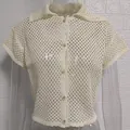 Chaqueta de punto de ganchillo en color crema con manga corta y cuello de solapa - S / Tops / Blanco Roto
