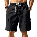 Detail van de zwarte linnen cargo shorts met zijzakken en wit trekkoord detail - Zwart