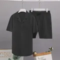 Ensemble chemise à manches courtes et short noir en tissu respirant coton lin - Noir