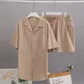 Ensemble de détente d'été en coton et lin pour hommes avec chemise courte et short - Kaki