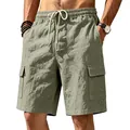 Pantaloncini cargo da uomo in lino verde salvia con multitasche e vita con coulisse - Verde militare