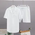 Ensemble de détente pour hommes en coton et lin blanc avec chemise à manches courtes et short - Blanc