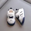 Breathable toddler soft-sole white sneakers with navy blue accents and velcro straps - Dark Blue