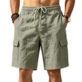 Detailopname van de olijfgroene linnen cargoshorts voor heren met zakken en trekkoord - Legergroen