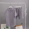 Ensemble de pyjama d'été en coton et lin pour hommes, chemise et short gris-violet - Gris