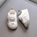 Toddler soft-soled walking sneakers in white and grey leather with velcro straps - Khaki
