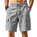 Detailweergave van grijze linnen heren cargo shorts met elastische trekkoord taille. - donkergrijs