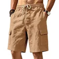 Vista dettagliata di pantaloncini cargo in lino kaki da uomo con coulisse e tasche. - Colore caramello