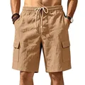 Detailweergave van de kaki linnen cargo short met trekkoord in de taille en handige zakken. - Bruin