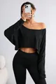 Detailed close-up of a women's black off-the-shoulder long sleeve loose fit crop top - S / Tops / Black