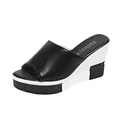 Elegant black leather peep-toe wedge sandals with thick white platform and fashion insole - Black