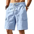 Pantaloncini cargo da uomo in lino celeste con vestibilità comoda e una coulisse - Azzurro