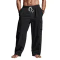 Vista dettagliata dei pantaloni cargo in lino larghi da uomo con comoda coulisse in vita. - Nero