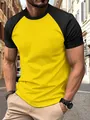 Detailed view of men's yellow and black raglan sleeve sports T-shirt on a model. - S / Tops / Lemon Yellow