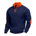 Navy and orange color-block sweatshirt with quarter-zip, mock neck and elbow patches - S / Tops / Navy Blue