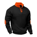 Vista detallada de la sudadera bicolor estilo americano con cuello naranja de cremallera - S / Negro