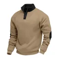 Detail view of khaki 1/4 zip sweatshirt with black stand collar and elbow patches - Camel