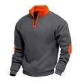 Men's heavy casual quarter-zip colorblock sweatshirt in grey and orange with stand collar - S / Tops / Dark Gray