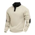 Detail view of heavyweight beige sweatshirt featuring black stand collar and contrast elbow patches - Apricot