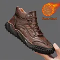 Detailed view of brown leather outdoor travel boots with warm fleece lining - 38 / Dark Brown Fleece Style / Deep Brown