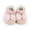 Detailed view of pink baby pre-walker shoes with a soft mesh bow and corduroy texture - 11cm / Pink