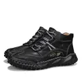Durable black leather outdoor hiking boots featuring a rugged anti-slip rubber sole - 38 / Black / Black