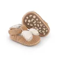 Detail of brown corduroy baby walker shoes with cream lace bow and anti-slip sole - 11cm / Camel