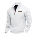 Men's heavy fleece quarter-zip sweatshirt in solid white with minimalist leather patch - White
