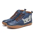 Blue ankle boots in faux leather with a cute printed cat face and brown lacing - 35 / Blue