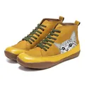 Yellow high-top casual sneakers featuring realistic cat face print and green laces - 35 / Yellow