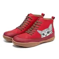 Comfortable red flat ankle boots featuring a cute printed cat design for women - 35 / Red