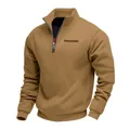 Men's khaki heavy fleece sweatshirt with half-zip stand collar and loose fit design. - Camel
