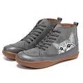 Comfortable grey flat ankle boots with a cute printed cat face design for women - 35 / Gray