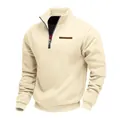 Men's heavy fleece half-zip sweatshirt in beige with a stand-up collar and leather detail - Apricot