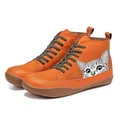 Comfortable orange flat ankle boots featuring a realistic printed cat series design - Orange
