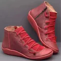 Casual red women's ankle boots featuring stylish cross lace and side zipper closure - 35 / Red