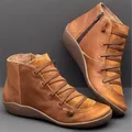 Botines de cuero marrón vintage con cordones cruzados y cierre de cremallera lateral - Marrón