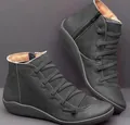 Grey women's round toe ankle boots with unique criss-cross strap detail and side zipper - 35 / Black