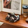 Detailed close-up of stylish brown retro casual toddler sneakers on a wood shelf - Size 23 (Inner Length 14.5cm) / Brown