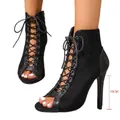 Elegantes botines negros con cordones y punta abierta con tacón de aguja de 10 cm - 10CM Negro