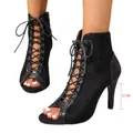 Elegantes sandalias negras con cordones, tacón de aguja de 5 cm y punta abierta - 5CM Negro