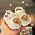 Cute white baby toddler sandals with cartoon bear patch and soft orange non-slip soles. - Size 16-20 / Cartoon Bear Squeaky Style (A009) / 5 Pairs / Beige