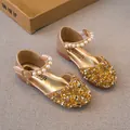 Elegant girls' gold sequin Mary Jane sandals with pearl straps and closed toe. - Size 21 Inner Length 13.4cm / Gold