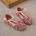 Sparkling pink sequined girls' princess sandals with elegant pearl ankle buckle straps - Size 21 Inner Length 13.4cm / Pink